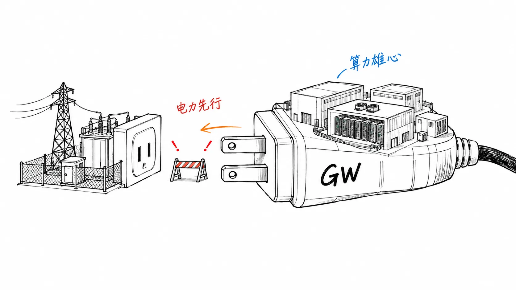 背着 GW 级数据中心园区的巨大插头等待接入电源，寓意算力建设需要电力先行