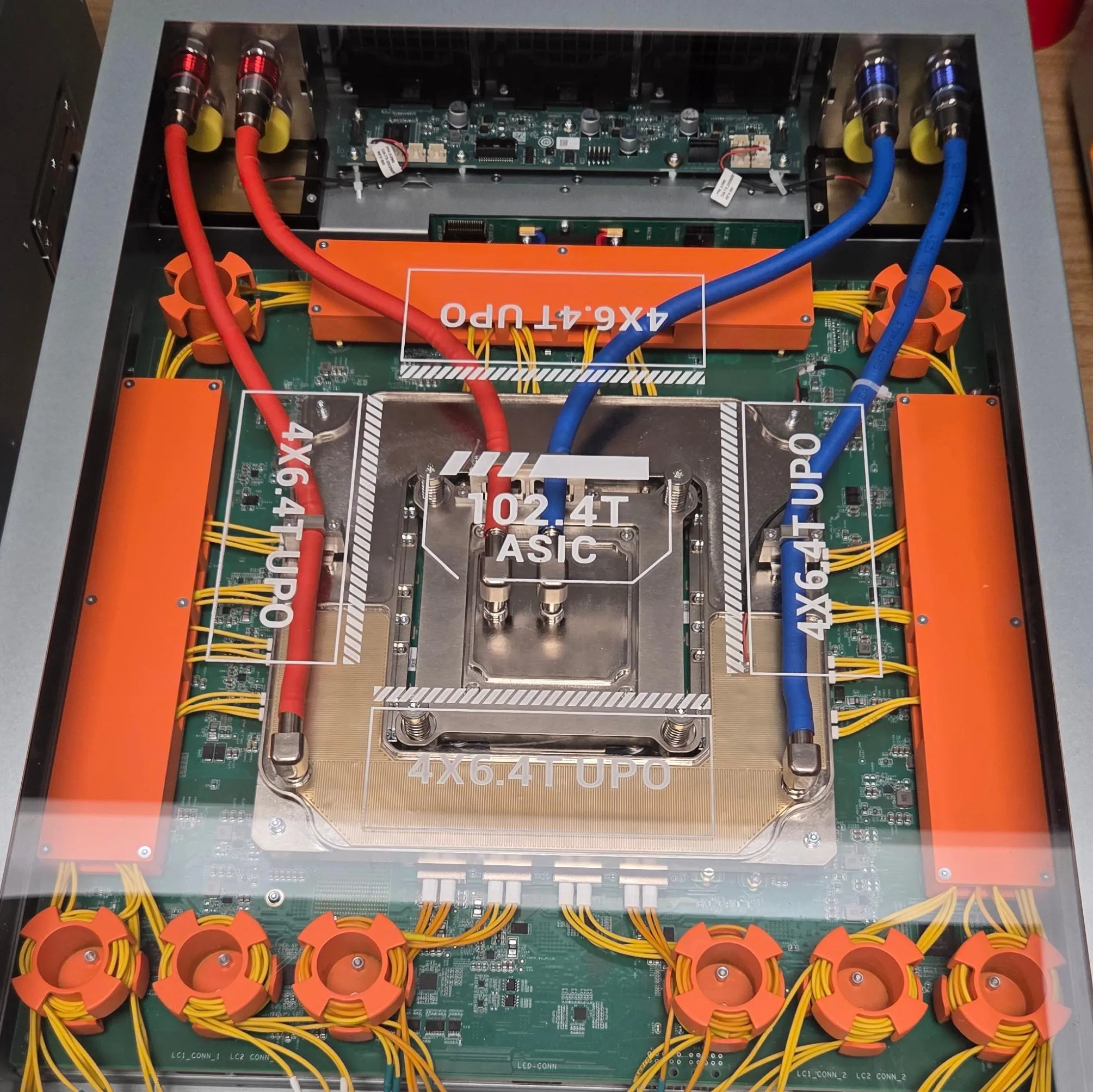 云栖现场展出的 IPO 形态交换机，光引擎通过 ASIC 旁的高密 interposer 连接器接入